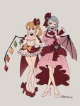  adapted_costume alternate_costume ascot bat_wings blonde_hair blue_flower blue_hair blue_rose bow brooch center_frills closed_fan collarbone crystal dress eyebrows fang flandre_scarlet flower folding_fan frills gloves hand_fan hands_on_hips high_heels highres holding holding_fan jewelry juliet_sleeves long_sleeves medium_hair medium_skirt no_headwear one_eye_closed one_side_up pink_dress pink_footwear puffy_sleeves red_bow red_eyes red_footwear remilia_scarlet rose sash short_dress short_hair short_sleeves side_ponytail skirt sokura_(mochichitose) touhou wings yellow_bow 