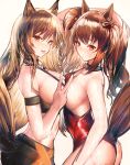  2girls :o :p angelina_(summer_flowers)_(arknights) animal_ear_fluff animal_ears apraxia arknights arm_strap arm_up ass bare_arms bare_shoulders blonde_hair blush breast_press breasts brown_hair casual_one-piece_swimsuit ceobe_(arknights) collarbone fang fox_ears fox_girl fox_tail from_side hair_ribbon hand_in_hair highres infection_monitor_(arknights) large_breasts long_hair looking_at_viewer looking_to_the_side multiple_girls one-piece_swimsuit parted_lips red_eyes red_ribbon red_swimsuit ribbon sideboob simple_background smile swimsuit symmetrical_docking tail tongue tongue_out twintails v white_background 