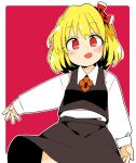  1girl bangs black_skirt black_vest blonde_hair border bow cowboy_shot eyebrows_visible_through_hair fang hair_bow ini_(inunabe00) long_hair looking_at_viewer open_mouth red_background red_bow red_eyes red_neckwear rumia shirt short_hair simple_background skin_fang skirt smile solo standing touhou vest white_border white_shirt 