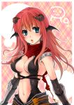  1girl :3 armor assassin_cross_(ragnarok_online) bangs bat_wings black_gloves black_leotard black_wings blue_eyes blush border breasts commentary demon_horns elbow_gloves gloves hair_between_eyes head_wings horns kainohito leotard long_hair looking_to_the_side medium_breasts navel open_mouth pauldrons pink_background plaid plaid_background ragnarok_online red_scarf redhead revealing_clothes scarf shoulder_armor solo torn_scarf upper_body vambraces white_border wings 