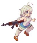 1girl ak-47 assault_rifle back_bow bangs blonde_hair blue_eyes blue_skirt blush bow breasts brown_footwear character_request clothing_request commentary_request copyright_request dot_nose eyebrows_visible_through_hair feral_lemma finger_on_trigger from_side full_body gun hair_between_eyes highres holding holding_gun holding_weapon kalashnikov_rifle looking_at_viewer looking_to_the_side magazine_(weapon) medium_hair open_mouth outstretched_arms rifle shoes sideboob simple_background siro_(dennou_shoujo_youtuber_siro) skipping skirt sleeveless solo tareme thigh-highs weapon white_background 