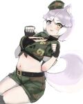  1girl animal_ears bangs bare_arms belt black_gloves blue_eyes blush camouflage camouflage_headwear camouflage_print camouflage_shirt camouflage_shorts center_opening cropped_shirt dog_(mixed_breed)_(kemono_friends) dog_ears dog_girl dog_tail dutch_angle eyebrows_visible_through_hair fingerless_gloves gloves grey_hair hands_up harness hat heterochromia highres japari_symbol kemono_friends medium_hair midriff multicolored_hair navel official_alternate_costume parted_lips paw_pose print_shirt print_shorts shibori_kasu shirt short_sleeves shorts sketch smile solo stomach tail two-tone_hair v-shaped_eyebrows white_hair yellow_eyes 