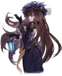  blue_eyes brown_hair character_request dress gloves hashibiro_kou_(garapiko_p) hat highres lantern long_hair looking_at_viewer simple_background smile solo standing 