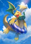  :d blurry brown_eyes chromatic_aberration claws clouds commentary_request day dragonite flying gen_1_pokemon goggles goggles_around_neck highres innertube kikuyoshi_(tracco) looking_to_the_side open_mouth outdoors pokemon signature sky smile snorkel tongue 