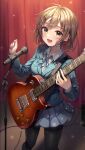  1girl absurdres amplifier_(instrument) bangs black_legwear blazer blue_jacket blue_neckwear blue_ribbon blue_skirt breasts brown_eyes brown_hair cable electric_guitar eyebrows_visible_through_hair guitar hair_ornament hairclip highres hirasawa_yui holding holding_instrument instrument jacket k-on! lime1125 looking_at_viewer microphone microphone_stand neck_ribbon open_mouth pantyhose pleated_skirt plectrum ribbon sakuragaoka_high_school_uniform school_uniform short_hair skirt smile solo stage_curtains strap sweat 