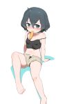  1girl absurdres arm_support bare_legs black_camisole black_eyes black_hair black_panties blush brown_shorts camisole chis_(js60216) collarbone crop_top cutoffs food food_in_mouth highres kaban_(kemono_friends) kemono_friends knee_up off_shoulder panties popsicle shorts sitting solo sweat underwear white_background 