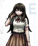  1girl arm_at_side bangs breast_pocket brown_hair brown_skirt collared_shirt commentary_request cowboy_shot dangan_ronpa_(series) dangan_ronpa_3_(anime) grey_background grey_eyes hand_in_hair hand_up long_hair long_skirt looking_at_viewer namu_(nurui_cha) neck_ribbon pleated_skirt pocket red_ribbon ribbon satou_(dangan_ronpa) school_uniform shirt shirt_tucked_in short_sleeves skirt smile solo white_background white_shirt 