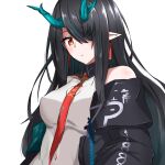  1girl arknights black_hair black_jacket clothing_cutout dragon_girl dragon_horns dress dusk_(arknights) highres horns jacket long_hair looking_at_viewer maiq06 open_clothes open_jacket pointy_ears red_eyes red_neckwear simple_background sleeveless sleeveless_dress solo upper_body white_background white_dress 