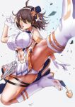  1girl :o ahoge araimooah arm_strap ass azur_lane baltimore_(azur_lane) baltimore_(muse)_(azur_lane) bangs bare_shoulders boots bow braid breasts brown_hair center_frills center_opening character_print clothing_cutout commentary_request debris eyebrows_visible_through_hair floating floating_hair flying_kick foreshortening french_braid frills full_body gloves hair_between_eyes hand_up hat headset heart_buckle high_heel_boots high_heels idol kicking knee_boots large_breasts looking_at_viewer manjuu_(azur_lane) mini_hat miniskirt navel navel_cutout orange_bow outstretched_leg panties pantyshot partial_commentary pleated_skirt print_panties shirt short_hair sidelocks simple_background skindentation skirt sleeveless sleeveless_shirt solo stomach_cutout thigh_strap thigh_tattoo under_boob underboob_cutout underwear white_background white_footwear white_gloves white_panties white_shirt white_skirt yellow_eyes 