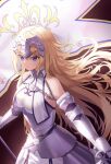  1girl absurdres armor armored_dress bangs bare_shoulders blonde_hair blue_eyes breasts chain closed_mouth eyebrows_visible_through_hair fate/apocrypha fate/grand_order fate_(series) faulds flag from_above gauntlets headpiece highres holding holding_flag jeanne_d&#039;arc_(fate) jeanne_d&#039;arc_(fate)_(all) large_breasts long_hair looking_ahead mad_rabbit plackart solo v-shaped_eyebrows very_long_hair 
