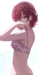  1girl bikini breasts floral_print highres higuchi_madoka hiroki_(yyqw7151) idolmaster idolmaster_shiny_colors looking_at_viewer mole mole_under_eye print_bikini solo swimsuit violet_eyes 