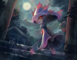  clouds colored_sclera evolutionary_line floating from_below gen_2_pokemon gen_4_pokemon highres kikuyoshi_(tracco) looking_at_viewer looking_back misdreavus mismagius moon night no_humans outdoors pokemon pokemon_(creature) red_eyes signature sky smile stairs yellow_sclera 