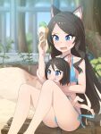  2girls :p absurdres animal_ear_fluff animal_ears bare_legs barefoot bikini blue_bikini blue_eyes blush brown_hair cat_ears cat_tail child eyebrows_visible_through_hair feet_out_of_frame food food_on_face highres holding ice_cream long_hair medium_hair melting mother_and_daughter multiple_girls nekoze_(s22834712) open_mouth original outdoors sand sitting smile swimsuit tail tongue tongue_out tu_ya_(nekoze) very_long_hair 