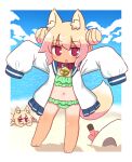  1girl :o animal_ear_fluff animal_ears bangs beach bell bikini blonde_hair collar double_bun dual_persona eyebrows_visible_through_hair fox_ears frilled_bikini frills green_bikini hair_between_eyes highres jacket jingle_bell kemomimi-chan_(naga_u) naga_u open_mouth original red_collar red_eyes sidelocks sleeves_past_wrists standing swimsuit tan tanlines 