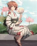  1girl bangs blush brown_hair clouds day flipped_hair floral_print flower green_eyes hand_fan highres holding holding_fan japanese_clothes kantai_collection kasumi_(skchkko) kimono long_sleeves looking_at_viewer mutsu_(kancolle) obi outdoors paper_fan sandals sash short_hair sitting sky smile solo striped striped_kimono white_kimono wide_sleeves yukata 