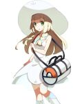  1girl absurdres bag bangs blonde_hair blunt_bangs boots braid collarbone dress floating_hair green_eyes hair_over_shoulder hat highres holding holding_bag knee_boots layered_dress lillie_(pokemon) long_hair looking_at_viewer open_mouth pokemon pokemon_(game) pokemon_sm see-through short_dress simple_background sleeveless sleeveless_dress solo standing sun_hat twin_braids very_long_hair white_background white_bag white_dress white_footwear white_headwear yuihico 