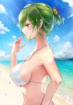  1girl alternate_costume alternate_hairstyle bare_shoulders bikini blurry blurry_background breasts clouds cloudy_sky commentary_request day depth_of_field drop_earrings earrings from_side green_hair hand_up highres horizon jewelry kazami_yuuka large_breasts looking_ahead nail_polish outdoors parted_lips ponytail profile red_eyes red_nails shironeko_yuuki sideboob sky solo swimsuit touhou white_bikini 