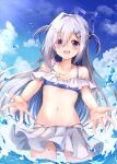  1girl :d absurdres amane_kanata ass_visible_through_thighs bangs bikini blue_bikini blue_sky breasts clouds collarbone commentary_request day eyebrows_visible_through_hair frilled_bikini frills hair_ornament hair_over_eyes hair_ribbon hairclip highres hololive jewelry long_bangs long_hair looking_at_viewer navel necklace ocean off-shoulder_bikini off_shoulder open_mouth outdoors outstretched_arms ribbon silver_hair skirt sky small_breasts smile solo splashing star_(symbol) star_necklace swimsuit upper_body violet_eyes virtual_youtuber water water_drop white_skirt yukikawa_sara 