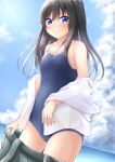  &gt;:) 1girl asashio_(kancolle) bare_arms bare_shoulders black_hair black_swimsuit blue_eyes blush closed_mouth clouds cloudy_sky collarbone comiching day eyebrows_visible_through_hair grey_skirt hair_between_eyes highres jacket kantai_collection long_hair ocean one-piece_swimsuit pleated_skirt skirt sky smile solo suspender_skirt suspenders swimsuit v-shaped_eyebrows white_jacket 