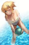  1girl akatsuki_kirika ball bikini blonde_hair breasts collarbone green_bikini green_hair hair_ornament holding holding_ball in_water medium_breasts one_eye_closed senki_zesshou_symphogear shirt solo swimsuit tsukamoto_kensuke water wet wet_clothes wet_shirt 