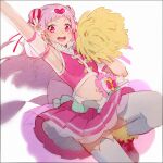  1girl :d armpits back_bow bow cheerleader crop_top cure_yell detached_sleeves double_bun flower hair_flower hair_ornament hair_ribbon hakusai_(tiahszld) heart heart_hair_ornament holding holding_pom_poms hugtto!_precure long_hair looking_at_viewer magical_girl midriff nono_hana open_mouth pink_bow pink_eyes pink_footwear pink_hair pink_ribbon pink_skirt pink_vest pleated_skirt pom_pom_(cheerleading) precure puffy_short_sleeves puffy_sleeves ribbon see-through_sleeves shoes short_bangs short_sleeves skirt smile sneakers solo thigh-highs vest white_legwear 