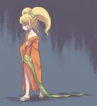  1girl bangs bare_shoulders blonde_hair blush_stickers bow commentary_request dangan_ronpa_(series) dangan_ronpa_2:_goodbye_despair from_side full_body green_bow hair_bow hair_ornament japanese_clothes kimono long_hair long_sleeves multicolored multicolored_background namu_(nurui_cha) open_clothes open_kimono orange_eyes saionji_hiyoko sandals sash single_bare_shoulder solo standing tearing_up wide_sleeves yellow_eyes 