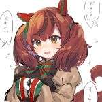  1girl absurdres animal_ears bangs blush bow bowtie brown_eyes brown_hair ear_covers flying_sweatdrops highres horse_ears horse_girl horse_tail inu_(puputizy) long_hair multicolored_hair nice_nature_(umamusume) open_mouth simple_background sketch solo speech_bubble streaked_hair striped striped_neckwear sweat tail translated twintails umamusume upper_body white_background 