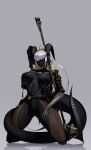  1girl arm_over_head axe black_horns black_skin bodysuit breasts colored_skin curled_horns fur_collar fur_trim grey_background hair_ornament highres holding holding_axe holding_polearm holding_spear holding_weapon horns kneeling large_breasts looking_at_viewer original polearm short_hair silver_hair simple_background skin_tight solo spear tail ub1mo weapon yellow_eyes 