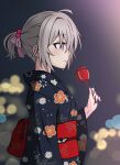  1girl antenna_hair bangs black_kimono blurry blurry_background bolt_action brown_hair candy_apple city_lights closed_mouth festival food girls_frontline gotoo gun hair_between_eyes hair_ornament highres holding holding_food japanese_clothes kimono long_sleeves looking_to_the_side m200_(girls_frontline) medium_hair nail_polish night night_sky outdoors pink_nails ponytail rifle sky smile sniper_rifle solo violet_eyes weapon 