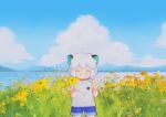  1boy animal_ears blue_shorts cat_boy cat_ears chap502 closed_eyes clouds cowboy_shot day flower highres holding holding_flower luoxiaohei medium_hair mountain outdoors plant shirt short_sleeves shorts solo the_legend_of_luo_xiaohei v white_flower white_hair white_shirt yellow_flower 