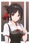  1girl absurdres bangs black_dress black_hair blush breasts brown_background collarbone cynd dress eyebrows_visible_through_hair folded_ponytail hair_ribbon hand_on_own_chest highres kaguya-sama_wa_kokurasetai_~tensai-tachi_no_renai_zunousen~ looking_at_viewer medium_breasts neck_ribbon parted_bangs parted_lips purple_background red_eyes red_ribbon ribbon shinomiya_kaguya shiny shiny_hair short_sleeves sidelocks solo summer_uniform symbol-only_commentary teeth upper_body white_background 