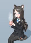 1girl absurdres animal_ear_fluff animal_ears ascot black_jacket blue_eyes blue_neckwear blush brown_hair cat_ears cat_tail collared_shirt cup grey_background grey_legwear highres holding holding_cup jacket long_hair long_sleeves looking_at_viewer miniskirt nekoze_(s22834712) open_mouth original pleated_skirt shirt simple_background sitting skirt solo steam tail thigh-highs tu_ya_(nekoze) white_shirt wing_collar 