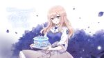  1girl bangs blonde_hair blue_flower blue_rose bow braid cake candle character_name crown_braid crying crying_with_eyes_open elreyiens eyebrows_visible_through_hair flower food grey_bow grey_skirt hair_behind_ear happy_birthday holding holding_tray korean_commentary long_hair nijisanji nijisanji_kr rose shirt_tucked_in skirt so_nagi solo tears tray violet_eyes virtual_youtuber 