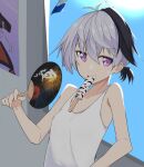  1girl ahoge commentary fanning_self fireworks_print flower_(vocaloid) food hand_fan highres holding holding_fan leaning_back looking_to_the_side mouth_hold multicolored_hair paper_fan popsicle poster_(object) purple_hair sena_kizahashi short_hair short_ponytail solo streaked_hair sweat tank_top translated uchiwa upper_body v_flower_(vocaloid4) violet_eyes vocaloid white_hair white_tank_top 