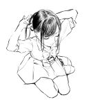  1girl absurdres bomhat bow bowtie closed_mouth commentary from_above full_body greyscale hands_up highres long_hair monochrome original ponytail seiza shirt short_sleeves sitting sketch skirt solo tying_hair 