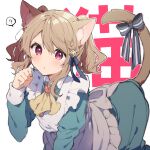  1girl ? animal_ears apron ascot background_text bangs black_bow blue_dress blush bow braid brooch brown_hair brown_neckwear cat_ears cat_girl cat_tail collared_dress commentary_request dress eyebrows_visible_through_hair frilled_apron frills hair_between_eyes hair_ornament hand_up highres ikeuchi_tanuma jewelry long_sleeves looking_at_viewer maid_apron original parted_lips paw_pose red_eyes solo spoken_question_mark striped striped_bow sweat tail tail_bow tail_ornament tail_raised twintails white_apron white_background 