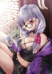 1girl akatsuki_hijiri bangs black_camisole blush breasts camisole choker collarbone fate/grand_order fate_(series) glasses hair_ribbon heroic_spirit_tour_outfit highres hood hooded_jacket jacket kama_(fate) large_breasts long_hair looking_at_viewer low_twintails purple_jacket red_eyes ribbon silver_hair solo twintails 