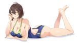  1girl ahoge ass azur_lane baltimore_(azur_lane) blue_swimsuit braid brown_hair competition_swimsuit eyebrows_visible_through_hair french_braid green_swimsuit hair_between_eyes ishizu_kayu looking_at_viewer lying on_stomach one-piece_swimsuit simple_background solo swimsuit two-tone_swimsuit white_background yellow_eyes 