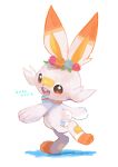  :d absurdres blush brown_eyes commentary_request gen_8_pokemon highres kikuyoshi_(tracco) looking_back number open_mouth pokemon pokemon_(creature) scorbunny smile solo standing toes tongue upper_teeth white_background 