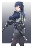  absurdres acog assault_rifle blue_eyes blue_hair bulletproof_vest d-sawa613 finger_to_mouth gloves gun handgun headset highres holding holding_gun holding_weapon laser_pointer long_hair looking_at_viewer looking_back original pantyhose rifle shushing skirt suppressor weapon weapon_request 