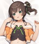  1girl ahoge bangs bare_shoulders bed_sheet black_camisole blush brown_hair camisole cat_hair_ornament collarbone commentary_request dakimakura_(medium) eyebrows_visible_through_hair green_eyes hair_between_eyes hair_ornament hands_up head_tilt highres hololive jacket natsuiro_matsuri navel off-shoulder_jacket off_shoulder official_art orange_jacket parted_lips seramikku short_sleeves side_ponytail solo upper_body upper_teeth virtual_youtuber 