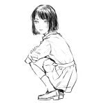  1girl absurdres bomhat closed_mouth commentary crossed_arms expressionless from_side full_body greyscale highres looking_at_viewer monochrome original school_uniform shirt shoes short_hair skirt sleeves_rolled_up socks solo squatting 