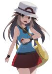  1girl :d absurdres bag blue_shirt breasts brown_eyes brown_hair collarbone cowboy_shot floating_hair hat highres holding holding_bag holding_poke_ball leaf_(pokemon) long_hair looking_at_viewer miniskirt open_mouth poke_ball pokemon pokemon_(game) pokemon_frlg red_skirt shirt simple_background skirt sleeveless sleeveless_shirt small_breasts smile solo standing very_long_hair white_background white_headwear wristband yellow_bag yuihico 