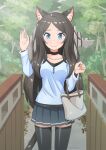  1girl absurdres animal_ear_fluff animal_ears bag black_choker black_legwear blue_eyes blue_shirt blue_skirt brown_hair cat_ears cat_tail choker closed_mouth day hand_up hands_up highres long_hair long_sleeves looking_at_viewer miniskirt nekoze_(s22834712) original outdoors pleated_skirt shirt skirt smile solo standing tail thigh-highs tu_ya_(nekoze) waving zettai_ryouiki 