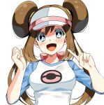  1girl :d bangs blue_eyes blue_sleeves blush breasts brown_hair double_bun hair_between_eyes highres long_hair looking_at_viewer medium_breasts open_mouth poke_ball_print pokemon pokemon_(game) pokemon_bw2 print_shirt rosa_(pokemon) shiny shiny_hair shirt simple_background smile solo upper_body v very_long_hair visor_cap white_background white_shirt yuihico 