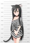  1girl absurdres animal_ears black_choker black_hair black_shirt blush brown_eyes cat_ears cat_tail choker closed_mouth ears_down hair_between_eyes height_chart highres long_hair long_sleeves looking_at_viewer mugshot naked_shirt nekoze_(s22834712) off-shoulder_shirt off_shoulder original prisoner shirt solo standing striped striped_shirt tail v_arms very_long_hair 