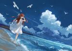  1girl axleaki beach bird clouds dress flock highres horizon long_hair original redhead sand scenery sky solo twintails water waves white_dress 