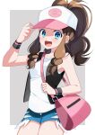  1girl :d bag baseball_cap black_jacket blue_eyes blue_shorts border breasts brown_hair collarbone cowboy_shot denim denim_shorts grey_background handbag hat high_ponytail highres hilda_(pokemon) jacket long_hair looking_at_viewer open_clothes open_jacket open_mouth outside_border pink_bag poke_ball_print pokemon pokemon_(game) pokemon_bw print_headwear shirt short_shorts shorts sidelocks sleeveless sleeveless_jacket sleeveless_shirt small_breasts smile solo standing torn_clothes torn_shorts very_long_hair white_border white_headwear white_shirt wristband yuihico 