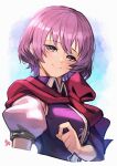  1girl bangs closed_mouth eyebrows_visible_through_hair fire_emblem fire_emblem:_new_mystery_of_the_emblem grey_eyes highres katarina_(fire_emblem) looking_at_viewer nakabayashi_zun puffy_short_sleeves puffy_sleeves purple_hair red_scarf scarf short_hair short_sleeves simple_background smile solo upper_body 