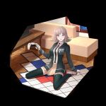  1girl absurdres aniya_froh bangs black_legwear black_shirt breasts brown_skirt checkered checkered_floor collared_shirt commentary_request dangan_ronpa_(series) dangan_ronpa_2:_goodbye_despair dress_shirt eyebrows_visible_through_hair flipped_hair galaga hair_ornament highres holding indoors jacket large_breasts looking_at_viewer medium_hair nanami_chiaki neck_ribbon open_clothes open_jacket open_mouth pink_eyes pink_footwear pink_ribbon playstation_controller pleated_skirt ribbon shiny shiny_hair shirt shirt_tucked_in shoes sitting skindentation skirt solo table television thigh-highs wariza white_shirt 